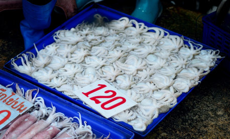 Octopus in plastic tray at fish market, Thailandのeditorial素材