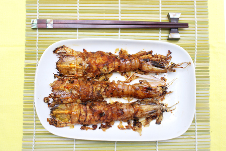 Fried garlic Mantis shrimp, Thai foodの写真素材