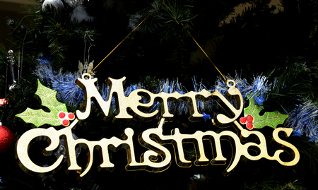 Merry Christmas text hanging on christmas tree, Christmas conceptの写真素材