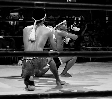 BANGKOK, THAILAND -  OCTOBER 9   Unidentified fighter first performs the respect Wai Khru Ram Muay  before fighing in MBK fight night on 9 October 2013 at MBK Center, Bangkok, Thailandのeditorial素材