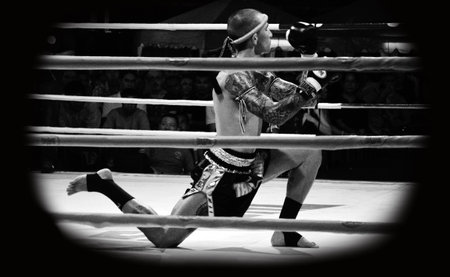 BANGKOK, THAILAND -  OCTOBER 9   Unidentified fighter first performs the respect Wai Khru Ram Muay  before fighing in MBK fight night on 9 October 2013 at MBK Center, Bangkok, Thailandのeditorial素材