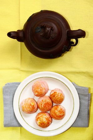 Moon cake with tea potの写真素材
