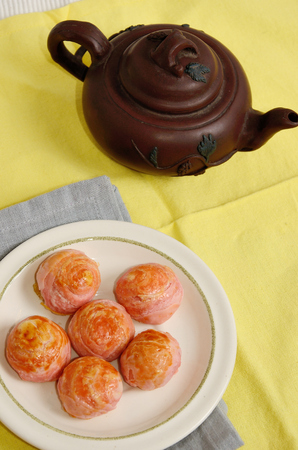 Moon cake with tea potの写真素材