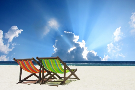 Beach chairs with nice sea and sky backgroundの写真素材