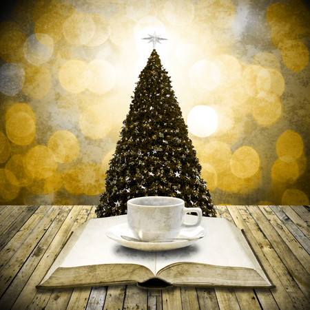 Read bible and drink coffee in Christmas day, Retro styleの写真素材