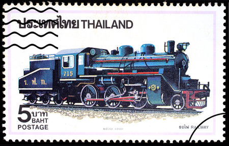 THAILAND - CIRCA 1990 : A stamp printed in Thailand shows image of Railway, circa 1990のeditorial素材