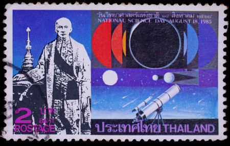 THAILAND - CIRCA 1985 : A stamp printed in Thailand shows image of King Rama IV with astronmy, To commemorate National science day, circa 1985のeditorial素材