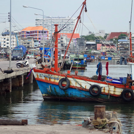 Chonburi, Thailand - October 17 : Fisherman boat at dock on 17 October, 2013 in Siracha, Choburi, Thailandのeditorial素材