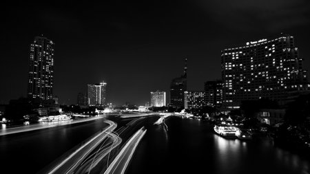 BANGKOK - NOVEMBER 16 : Nice boat transport lighting at Chao Phraya river on November 16, 2014 in Bangkok, Thailandのeditorial素材