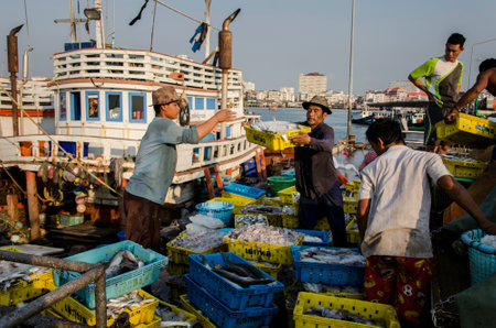 CHONBURI, THAILAND - MAR 4 :  Unidentified worker carry fish basket to truck on 4 March, 2015 in...