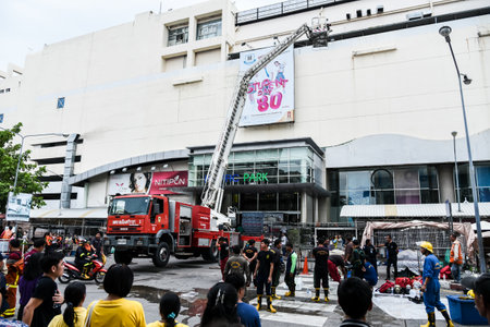 SRIRACHA - OCT 12 : Fire at Robinson Sriracha shopping mall, The public attention to fireman on...
