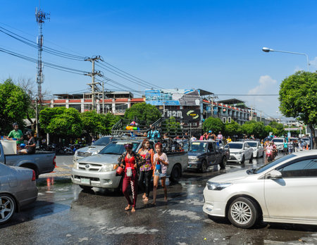 CHONBURI, THAILAND -  APRIL 14 : People play water in water festival day (Song Kran day) on 14 April 2017 in Bangsaen, Chonburi, Thailandのeditorial素材