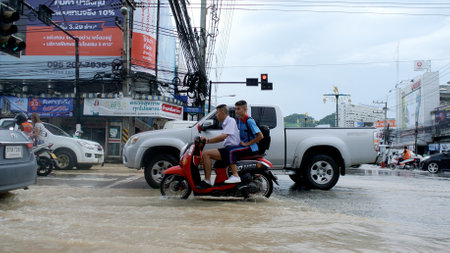 CHONBURI, THAILAND - OCT 3 : Flooding at Sriracha city after rainning on 3 October 2017 in Sriracha, Chonburi, Thailandのeditorial素材