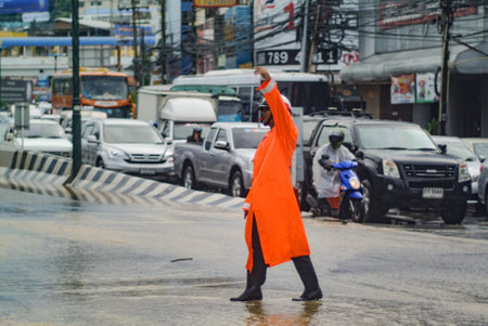 CHONBURI, THAILAND - OCT 3 : Flooding at Sriracha city after rainning on 3 October 2017 in Sriracha, Chonburi, Thailandのeditorial素材