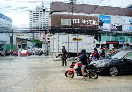 CHONBURI, THAILAND - OCT 3 : Flooding at Sriracha city after rainning on 3 October 2017 in Sriracha, Chonburi, Thailandのeditorial素材