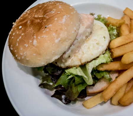 Hamburger with deep fried potatoの写真素材