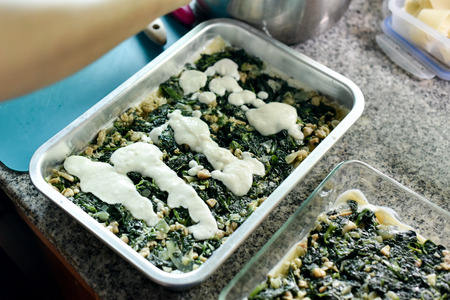Fried spinach lay on boiled pasta in tray for make lasagnaの写真素材