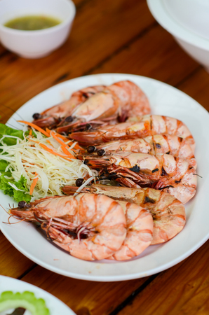 Grilled prawns in dish, Seafood barbecueの写真素材