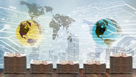 Cash money with digital world, Future banking technology conceptの写真素材
