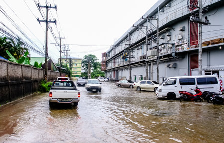 CHONBURI, THAILAND - 7 JUNE : Flooding after rain at Sriracha city on 7 June 2019, Sriracha, Chonburi Thailandのeditorial素材
