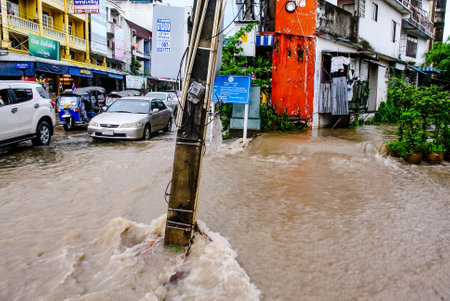 CHONBURI, THAILAND - 7 JUNE : Flooding after rain at Sriracha city on 7 June 2019, Sriracha, Chonburi Thailandのeditorial素材