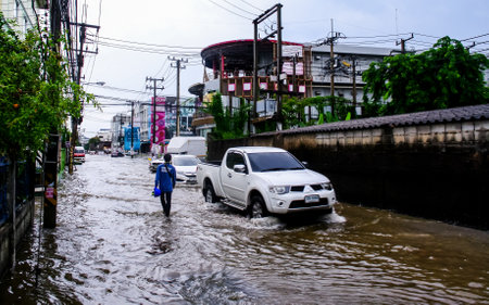 CHONBURI, THAILAND - 7 JUNE : Flooding after rain at Sriracha city on 7 June 2019, Sriracha, Chonburi Thailandのeditorial素材