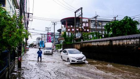 CHONBURI, THAILAND - 7 JUNE : Flooding after rain at Sriracha city on 7 June 2019, Sriracha, Chonburi Thailandのeditorial素材