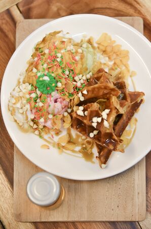 Ice cream with homemade wafflesの写真素材
