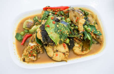 Stir fried catfish with curry, Thai spicy foodの写真素材