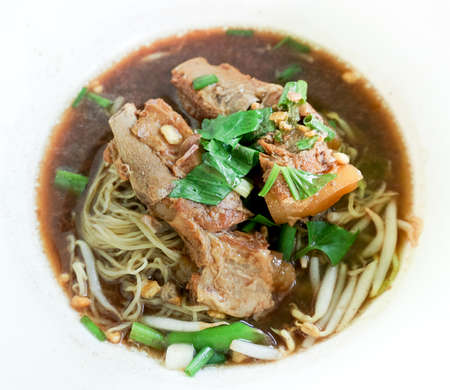 Egg noodles with stewed pork soup, High angle view