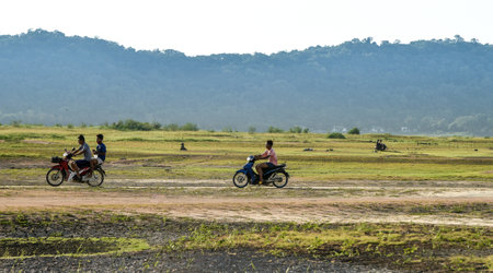 CHONBURI, THAILAND - MAY 2 : Truck parking at nice landscape with mountain background on 2 May 2020 in Sriracha, Chonburi, Thailandのeditorial素材