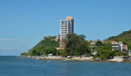 BANGSAEN, THAILAND - 19 FEB : Khao Sam Muk scenery view from Royal Navy Bridge at Leam thaen on 19 February 2022 in Bangsaen, Chonburi, Thailandのeditorial素材