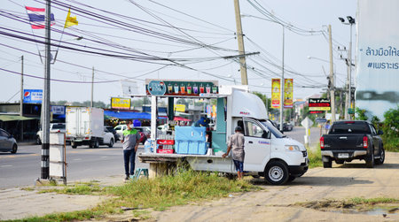 CHONBURI, THAILAND - 20 APR : Food truck cafe at street on 20 April 2022 in Ang sila, Chonburi,...
