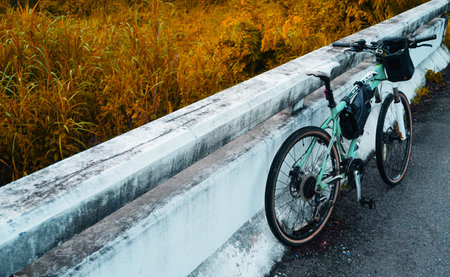 CHONBURI, THAILAND - 20 MAR : Mountain bike parking at bridge with forest background on 20 March...
