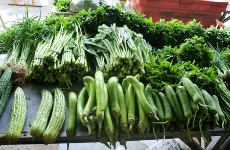 Group of vegetable on table in Siracha marketの写真素材