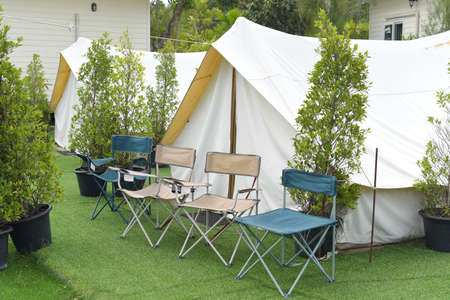 Camping background, Camping tents and chairsの写真素材