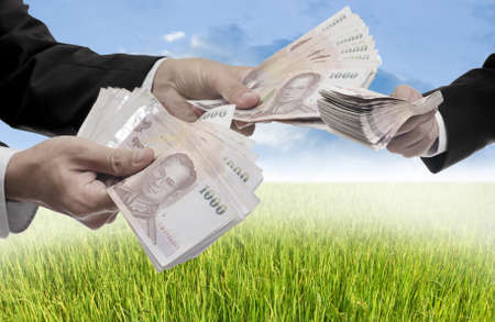 Businessman offer money for buy rice filed landの写真素材