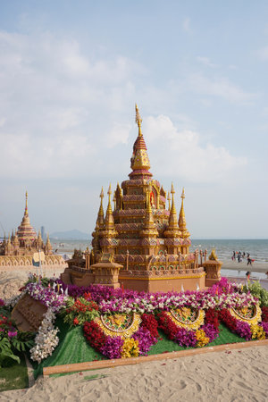 CHONBURI, THAILAND - 20 APR : Thai Buddhism Pagoda from sand at beach on 20 April 2022 in Bangsaen beach, Chonburi, Thailandのeditorial素材