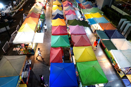 CHONBURI, THAILAND - 11 JULY : Night market with high angle view on 11 July 2022 in Siracha, Chonburi, Thailandのeditorial素材