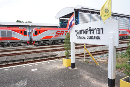 CHONBURI, THAILAND - 30 APR : Locomotive train and junction sign beside on 30 April 2022 in Siracha,...