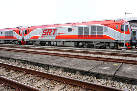 CHONBURI, THAILAND - 30 APR : Locomotive train close up with railway foreground on 30 April 2022 in Siracha, Chonburi, Thailandのeditorial素材