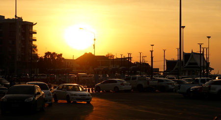 CHONBURI, THAILAND - 14 NOV : Sunset sky at outdoor parking beside sea on 14 November 2020 in Bangsaen, Chonburi, Thailandのeditorial素材