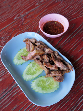 Smoked Beef Brisket, Thai cuisine with dipping sauceの写真素材