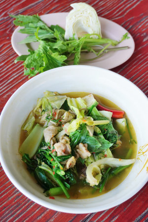 Thai stewed pork combined with chilies, shrimp paste, Kaffir lime leaves and sweet basilの写真素材