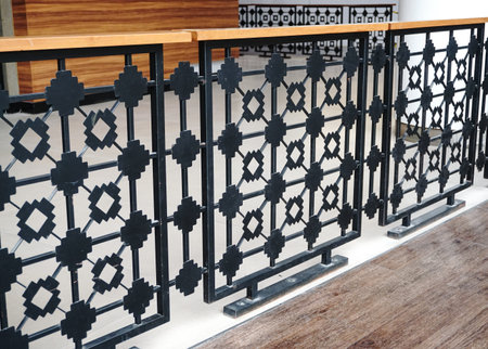 Railing with black metal laser cut decorate, Interior detailの写真素材