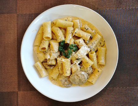 Italian sausage with truffle and mushroom cream sauceの写真素材