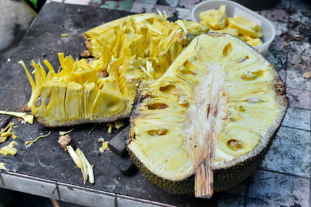 Tropical fruit, Jack fruit sliced on grunge table backgroundの写真素材