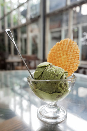 Green tea with red bean ice cream  at vintage cafeの写真素材