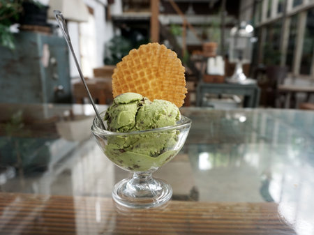Green tea with red bean ice cream  at vintage cafeの写真素材