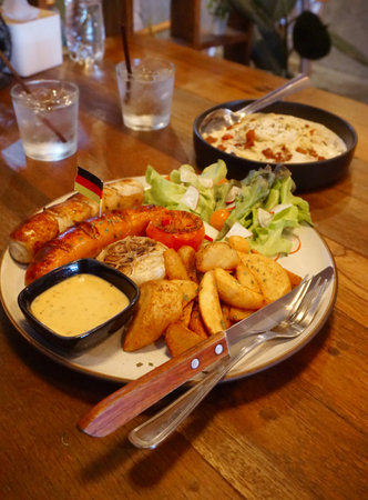 German sausage grilled with salad and potato chipsの写真素材